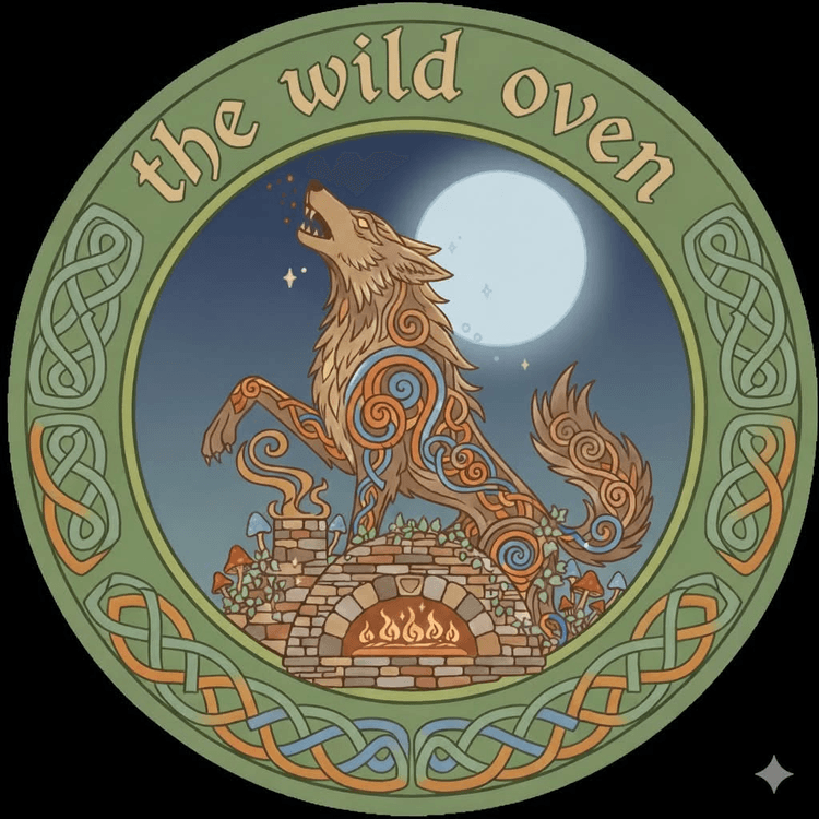 The Wild Oven crest — a howling wolf over a wood-fired stone oven beneath a full moon, wrapped in Celtic knotwork